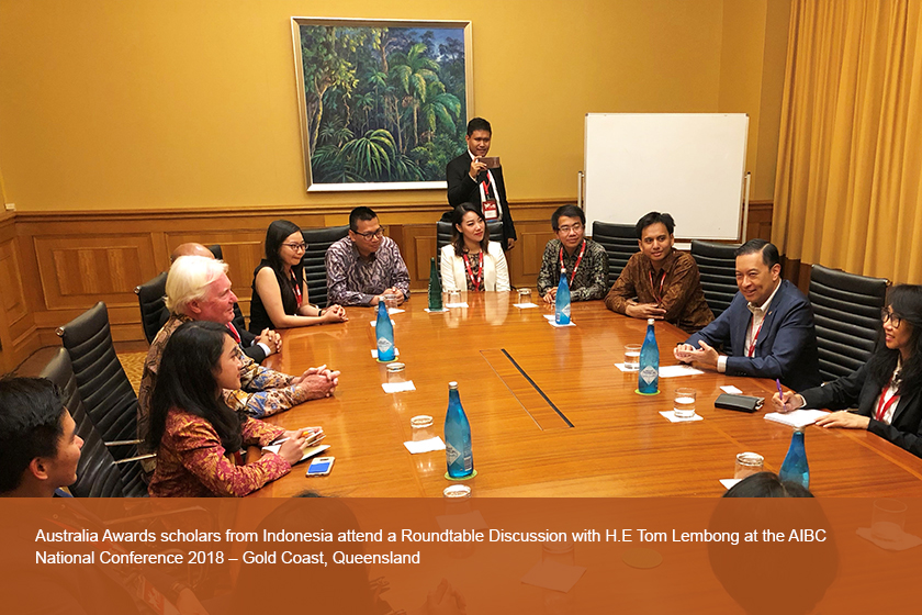Australia Awards scholars from Indonesia attend a Roundtable Discussion with H.E Tom Lembong at the AIBC National Conference 2018 – Gold Coast, Queensland